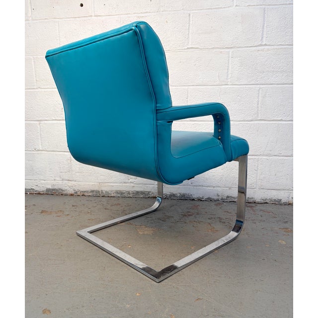 Vintage Blue Vinyl Flat Bar Chrome Dining Chairs - Set of 6 For Sale - Image 16 of 17