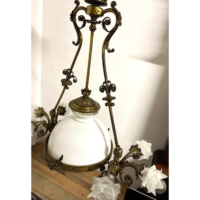 Antique Brass and Glass 7-Light Chandelier from H. Luppens Bruxelles, 1920s For Sale - Image 6 of 10