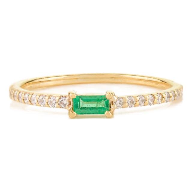 Baguette Cut Emerald and Diamond Stacking Ring Size 5 For Sale
