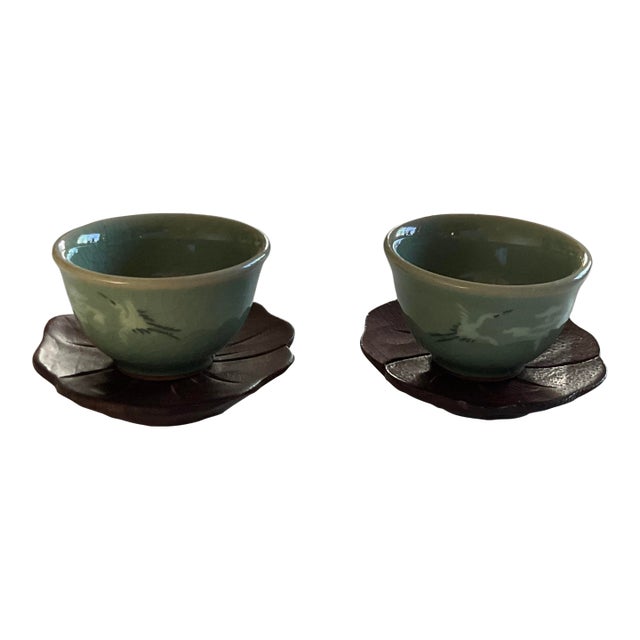 Blue Celadon Style Tea Cups With Wooden Coasters - 4pcs For Sale