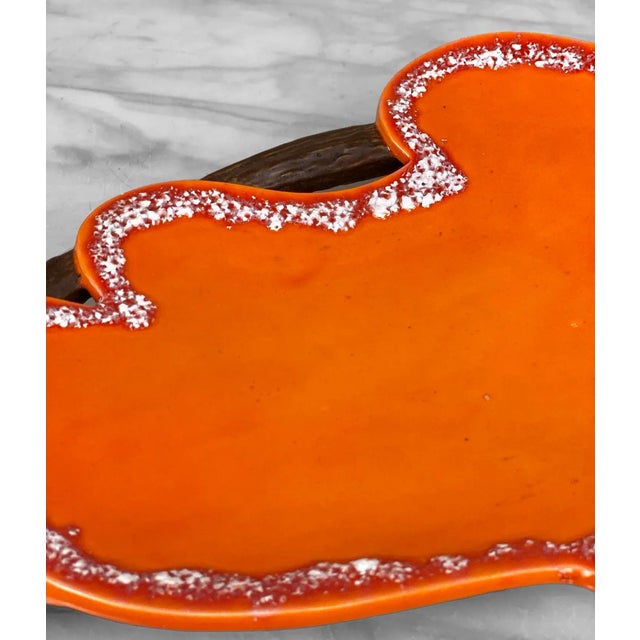 Ceramic Mid-Century Atomic Porcelain Orange Wood Centerpiece Serving Platter For Sale - Image 7 of 10