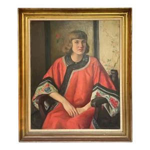 “The Mandarin Robe” Portrait Oil Painting on Canvas by Margaret Fitzhugh Browne, Circa 1920
