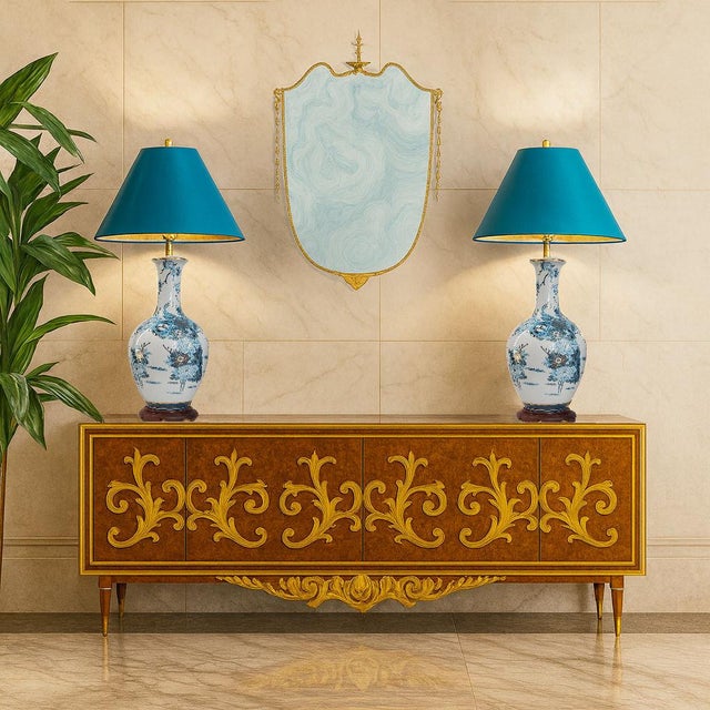 Offering a pair of EXTRA LARGE Japanese "Kutani Ware"" hand painted porcelain table lamps with Cerulean blue peacocks and...