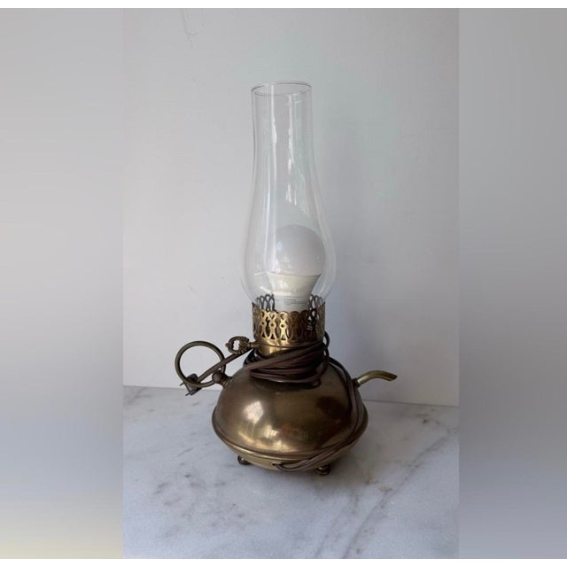 American Vintage Early American Electric Brass Gas Oil Lamp Genie Lamp For Sale - Image 3 of 11