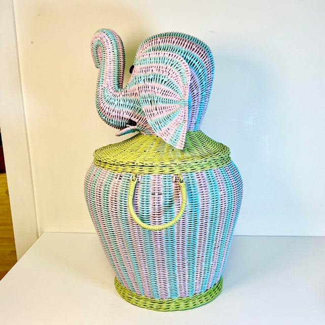 1997 Vintage Boho Chic Coastal Cabana Striped Wicker Elephant Basket Hamper, Signed Jen Lee For Sale - Image 12 of 17