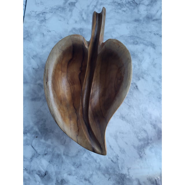 Hand Carved Iroko Wood Partitioned Leaf Bowl For Sale - Image 4 of 11
