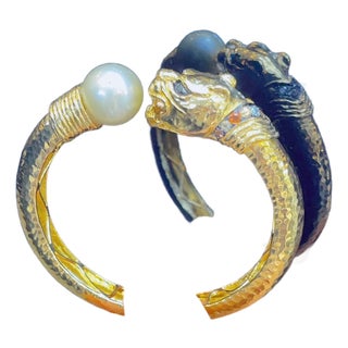 Bochic "Orient" Vintage Ruby, Pearl & Sapphire Dragon Bangle Set 18K Gold & Silver For Sale