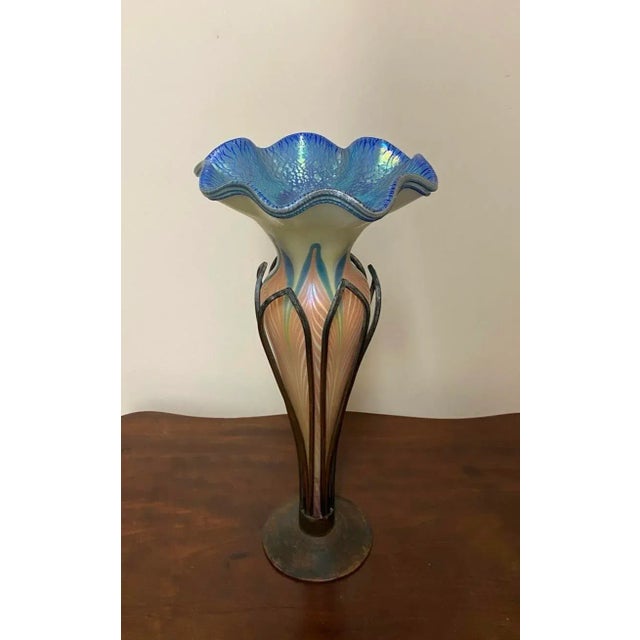 Art Nouveau Antique Tiffany Style Glass Vase Incased in Bronze For Sale - Image 3 of 7