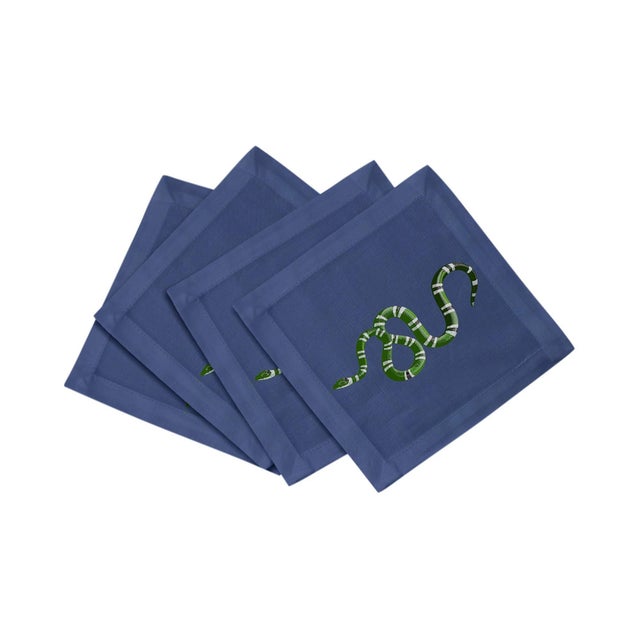 Serpent Cotton Sateen Cocktail Napkins in Blue, Set of 4 For Sale In Miami - Image 6 of 6