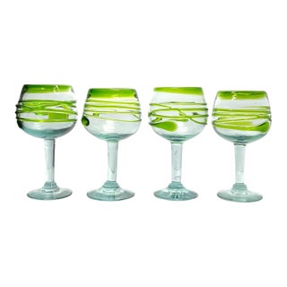 Set of 4 Lime Green Swirl Handblown Mexican Margarita, Water, Wine Glasses For Sale
