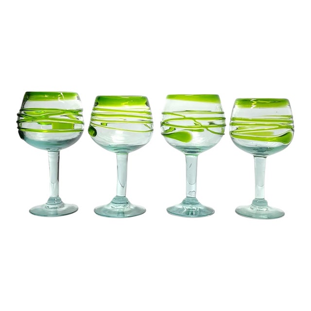 Set of 4 Lime Green Swirl Handblown Mexican Margarita, Water, Wine Glasses For Sale