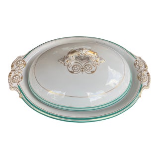 Antique 19th Century English Copeland Green Stripe Tureen Bowl With Cover For Sale