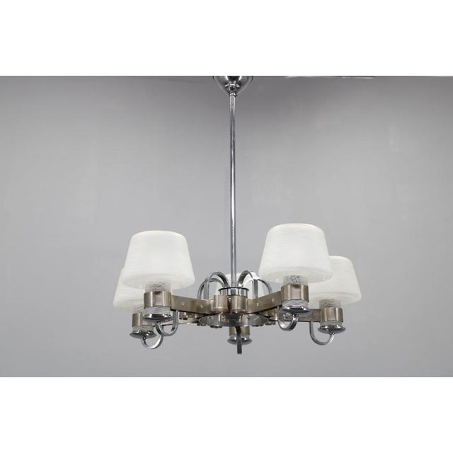 Art Deco Nickel Chandelier with Textured Glass, Czechoslovakia, 1930s For Sale - Image 3 of 17