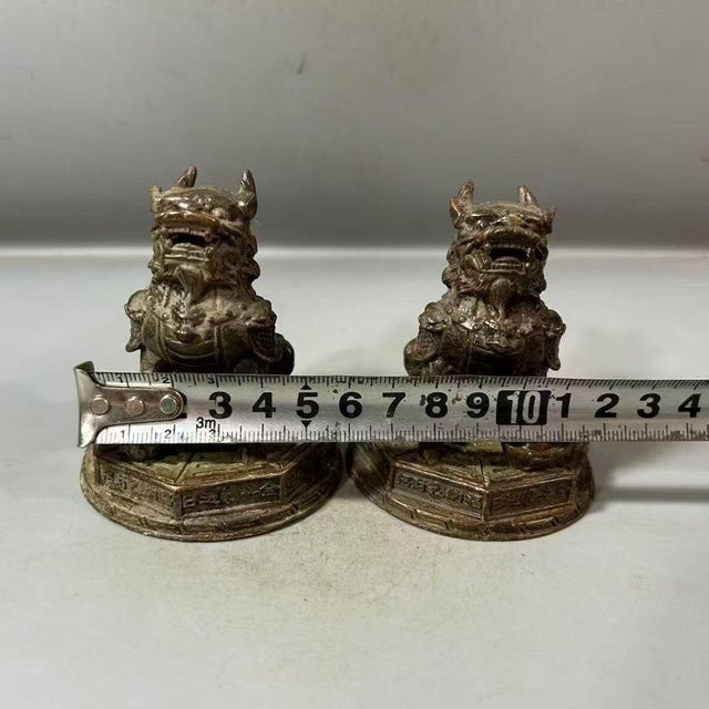 Pair of Bronze Qilin Statues – 2.8" Mythical Beast Figures on Octagonal Bagua Bases For Sale In Los Angeles - Image 6 of 8