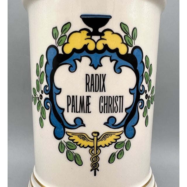 Vintage Blair Apothecary Jar Radix Palmae Christi With Lid – Ceramic Pharmacy Jar – Medical Caduceus – Neoclassical Pharmacy Decor For Sale - Image 9 of 14