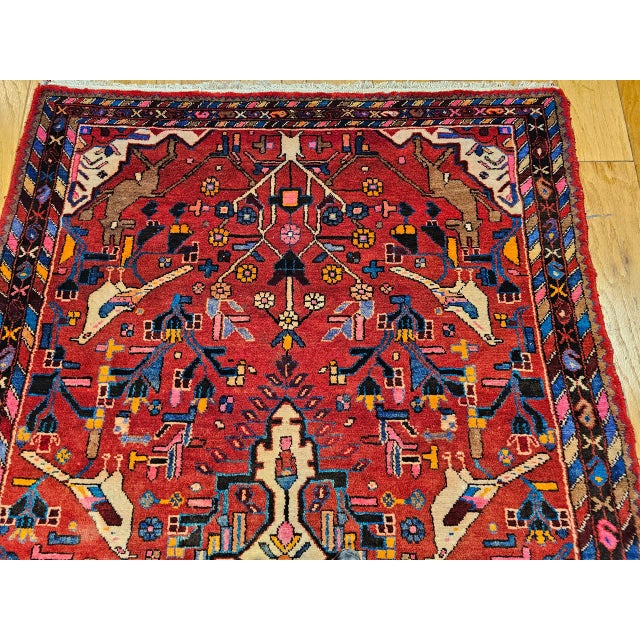 Vintage Persian Hamadan Gallery Area Rug, Hand-Knotted Wool, Tribal Bird Pattern, 6x10, Red & Navy For Sale - Image 4 of 18