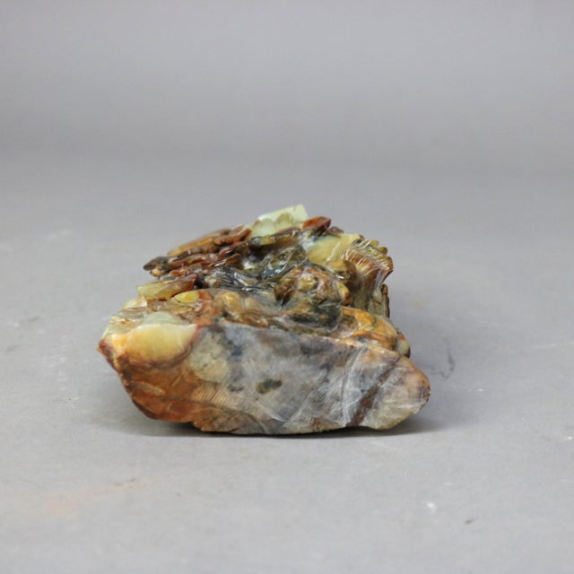 Antique Chinese Figural Carved Emerald Onyx with Foo Dogs & Foliage, 1920 For Sale - Image 4 of 12