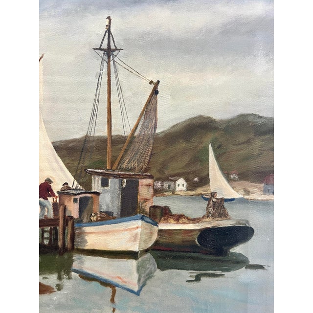 The Red Boat House, Fishing Boats, New England Harbor Painting, Unframed by Reams For Sale - Image 4 of 9