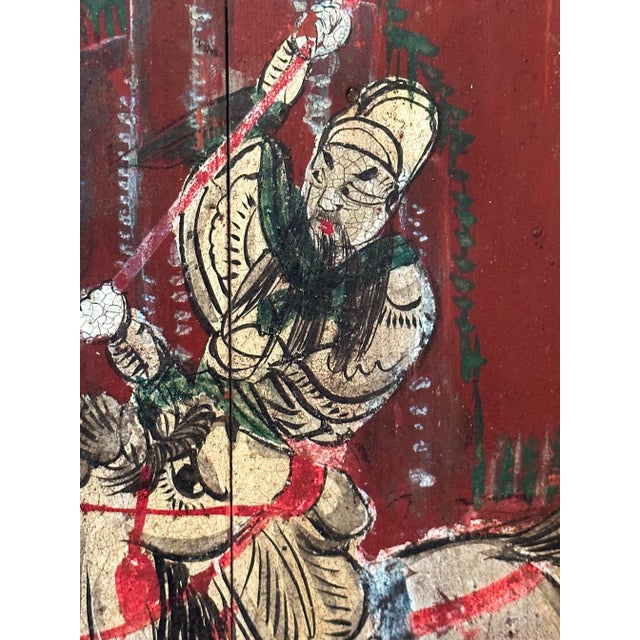 Pair of Distressed Antique Chinese Hand Painted Wooden Panels For Sale - Image 10 of 13