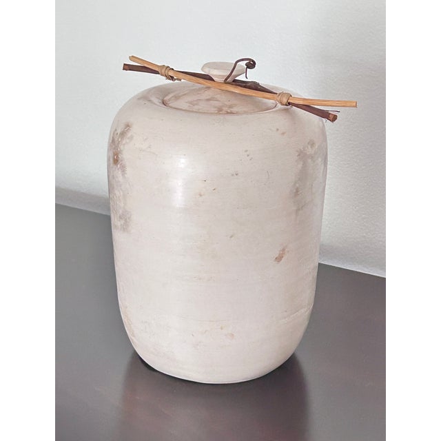 Late 20th Century Vintage Studio Art, by David Smyth, Signed - Raku Fired White Ceramic Vessel With Lid and Natural Wood Twig Accents – 9.5” For Sale - Image 5 of 11