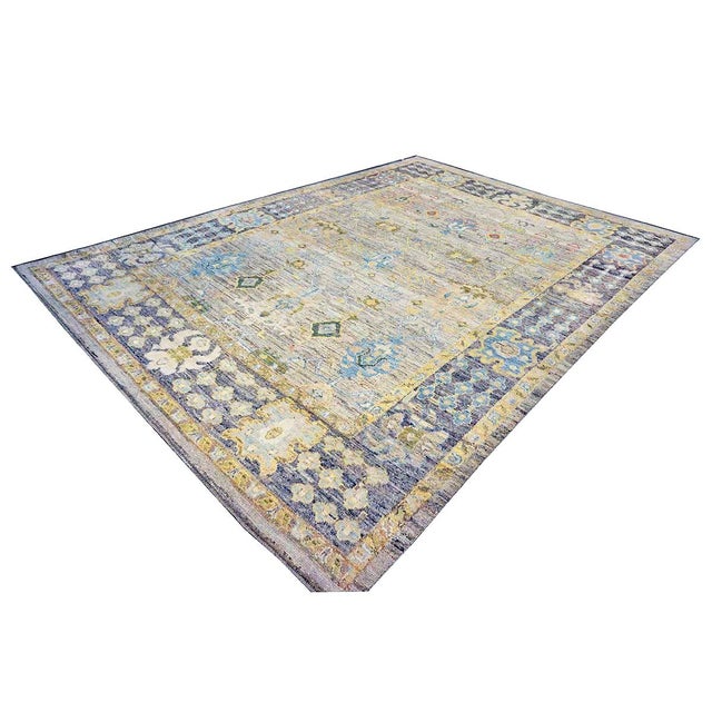 Early 21st Century 21st Century Turkish Oushak Wool 10x14 Slate Blue, Yellow & Green Handmade Area Rug #1144095 For Sale - Image 5 of 13