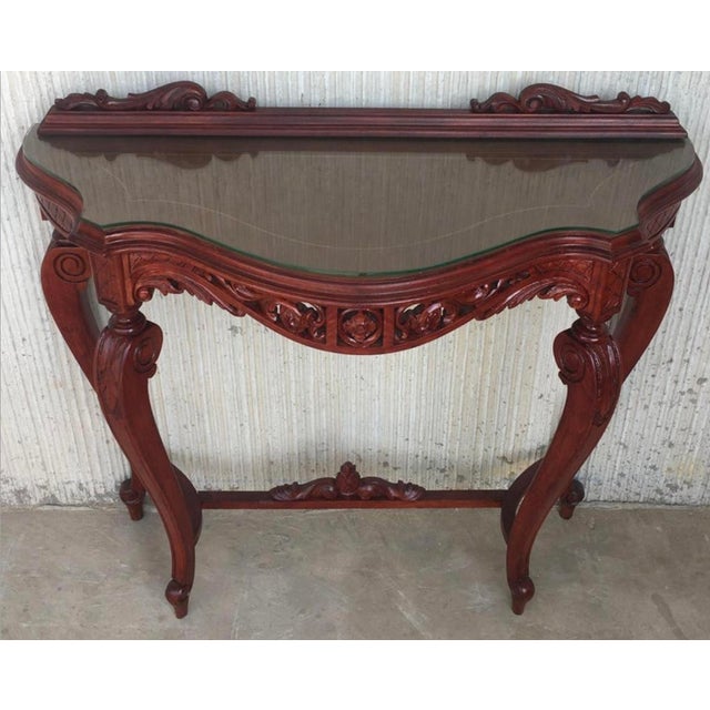 Wood Vintage Rococo Style Italian Console Table in Mahogany with Glass Top, 1960s For Sale - Image 7 of 15