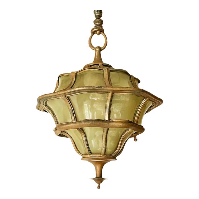Antique Ceiling Light With Curved Art Glass For Sale