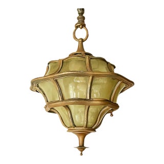 Antique Pendent Light Fixture With Curved Art Glass For Sale