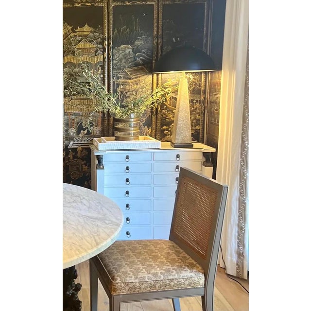 French-Country Dining Chairs in Peter Fasono Linen Upholstery and Stained Caning For Sale - Image 13 of 13
