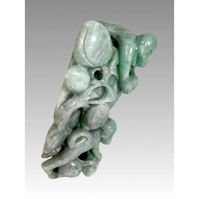 Green Jade Carving of Auspicious Peach With Playful Monkeys on Custom Stand, Chinese Natural Green For Sale - Image 8 of 11