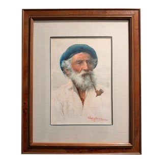 Augusto Moriani (Italian, 1854–1913) Watercolor Portrait of Bearded Man With Pipe, Framed For Sale
