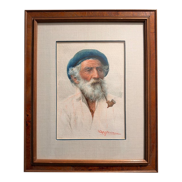 Augusto Moriani (Italian, 1854–1913) Watercolor Portrait of Bearded Man With Pipe, Framed For Sale