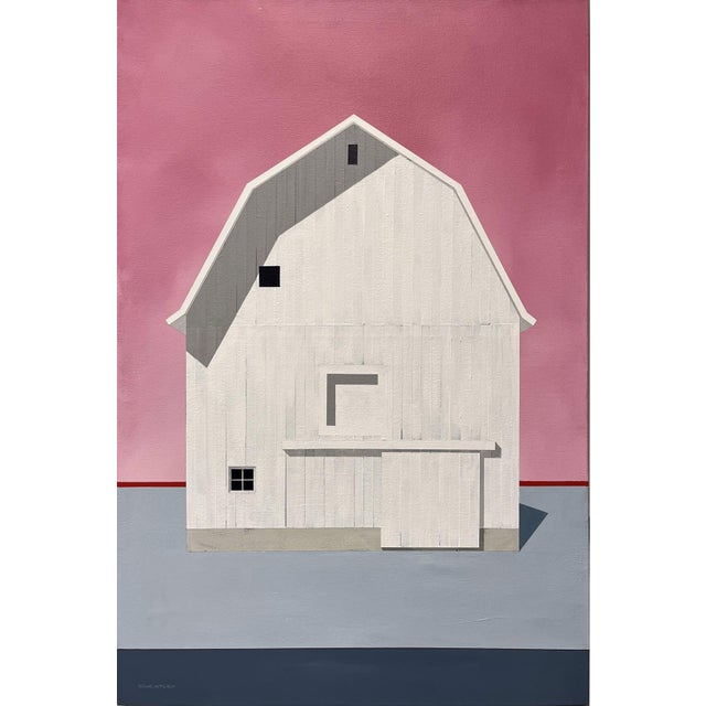 Something Special by Justin Wheatley | Acrylic on Canvas White Barn With Pink Sky For Sale