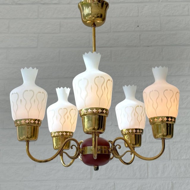 Mid-Century Chandelier in Brass and Opal Glass, Sweden, 1950s For Sale - Image 14 of 14