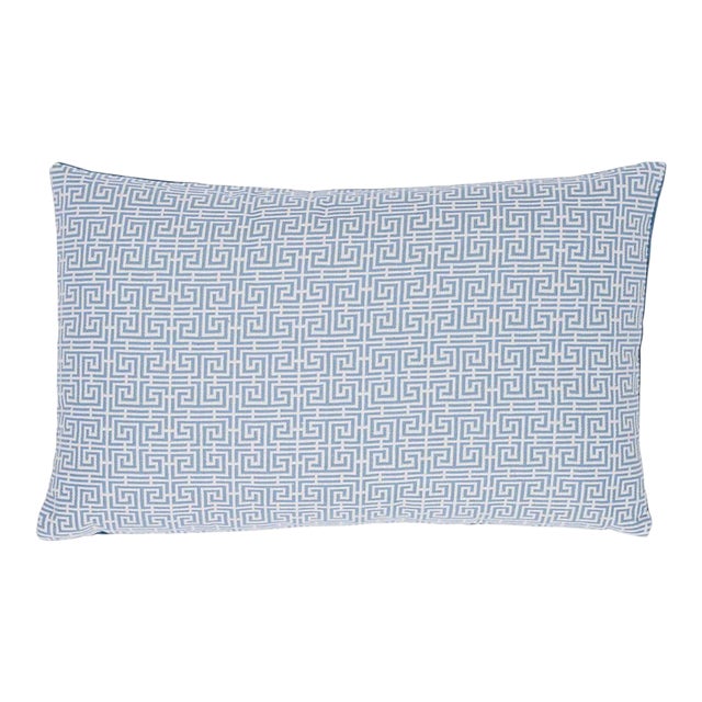 Schumacher Chinois Fret 22" Lumbar Pillow in Sky & Ivory For Sale