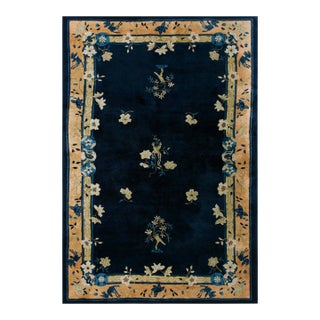 1900s Navy Floral Traditional Antique Chinese Peking Carpet 5'1" X 7'8" Wool Knotted Rug For Sale
