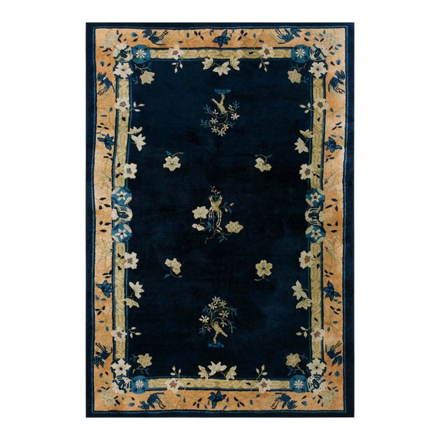 1900s Navy Floral Traditional Antique Chinese Peking Carpet 5'1" X 7'8" Wool Knotted Rug For Sale