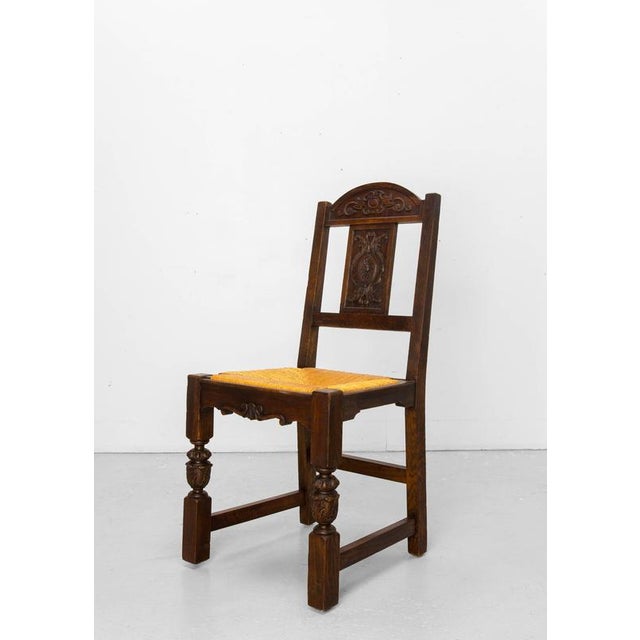 1950s Vintage Spanish Oak Dining Chairs with Rush Seats, 1950, Set of 6 For Sale - Image 5 of 15