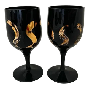 Black & Gold Pair of 2 Wine Glasses