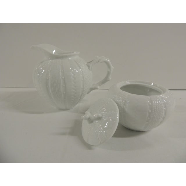 White Faux Coral China Creamer and Sugar - Set of 2 From Paris Royal China Sugar bowl: 4"D x 3.5"H Creamer jug: 4.5"D x 5"H