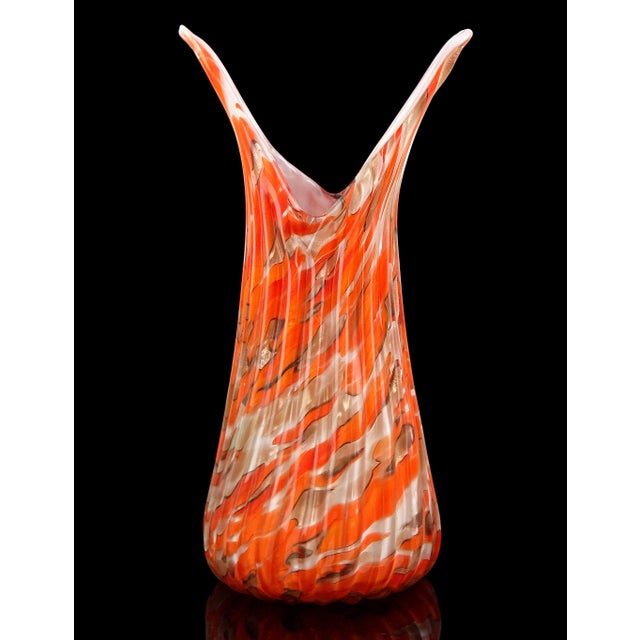Beautiful vintage Murano hand blown orange and copper aventurine flecks over white, Italian art glass flared rim flower...