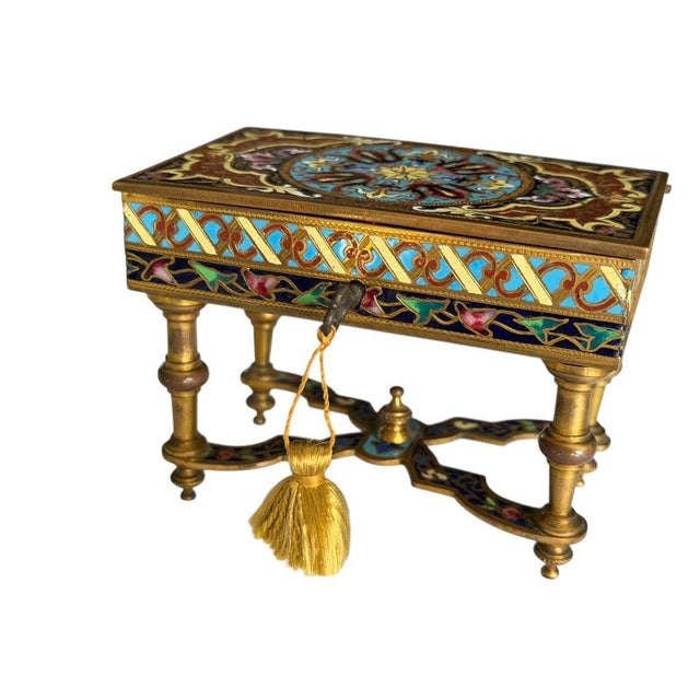 1900 - 1909 Antique French Cloisonne Enamel Trinket Box With Key For Sale - Image 5 of 10