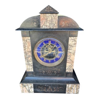 Antique 19th C Black Marble Mantel Clock Blue Dial Open Escapement 16” For Sale