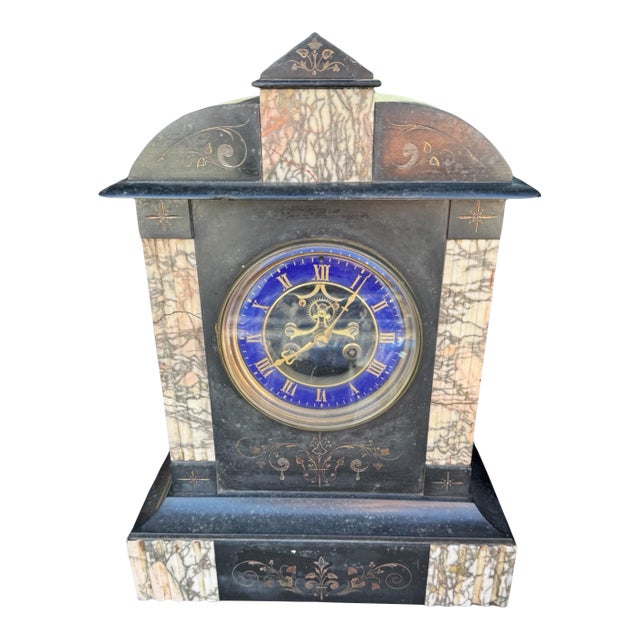 Antique 19th C Black Marble Mantel Clock Blue Dial Open Escapement 16” For Sale