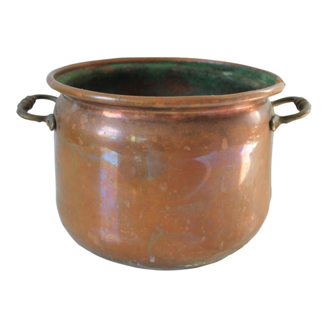 Vintage Copper Pot Planter W/ Brass Handles For Sale