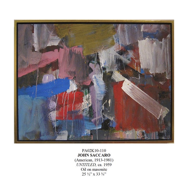 Abstract, featuring geometric shapes and color fields, typical of post-war American abstraction, last purchased in San...