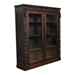 R. J. Horner Style Antique Victorian Carved Oak Bookcase Cabinet, Circa 1880s