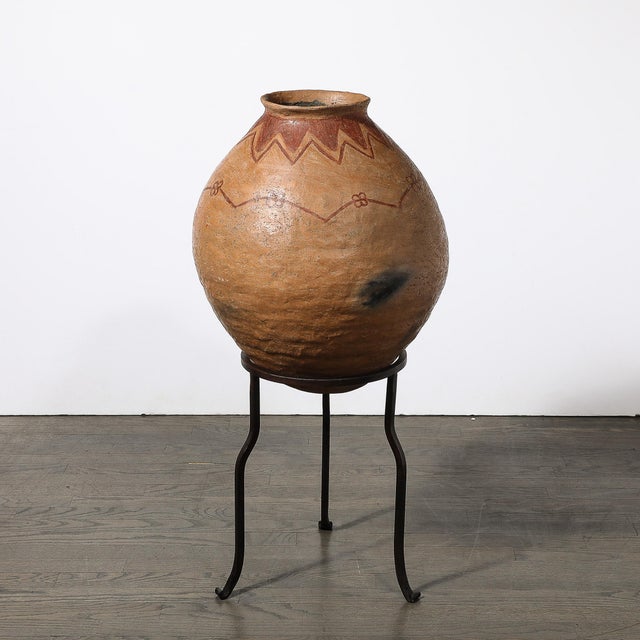 Mid 20th Century Native American Tribal Terracotta Red Iron Oxide Vessel on Wrought Iron Base For Sale - Image 5 of 12