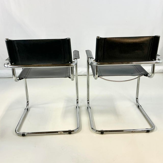 1980s Vintage Contemporary Modern Italian Cantilever Black Leather Side Chairs - A Pair. For Sale - Image 10 of 11
