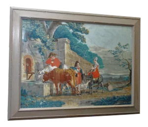 Large Early 19th C. Gouache Painting, "By the Water Trough"